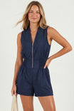 Smocking Sleeveless Front Zip Romper