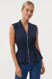 Sleeveless Zip Front Smocked Top