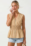 Sleeveless Zip Front Smocked Top