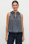 Satin Ruffle Collar Keyhole Top