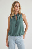 Satin Ruffle Collar Keyhole Top