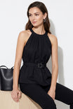 Belted Pleated Neck Sleeveless Top