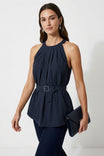 Belted Pleated Neck Sleeveless Top