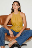 Belted Pleated Neck Sleeveless Top