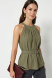 Belted Pleated Neck Sleeveless Top