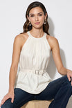 Belted Pleated Neck Sleeveless Top