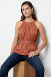 Belted Pleated Neck Sleeveless Top