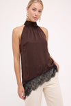Asymmetrical Lace Trim Mock Neck Halter Top