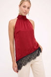 Asymmetrical Lace Trim Mock Neck Halter Top