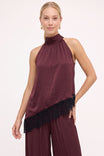 Asymmetrical Lace Trim Mock Neck Halter Top