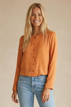 Long Sleeve Button-up Blouse With Round Neckline