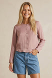 Long Sleeve Button-up Blouse With Round Neckline