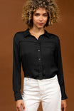 Cropped Button Down Blouse With Front Pocket