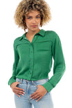 Cropped Button Down Blouse With Front Pocket