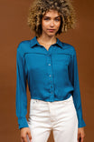 Cropped Button Down Blouse With Front Pocket