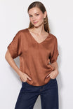 V-Neck Blouse With Bands Sleeve in Crinkle Satin