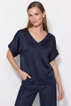 V-Neck Blouse With Bands Sleeve in Crinkle Satin