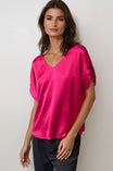 V-Neck Blouse With Bands Sleeve in Crinkle Satin
