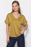 V-Neck Blouse With Bands Sleeve in Crinkle Satin