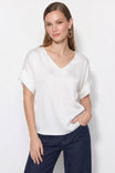 V-Neck Blouse With Bands Sleeve in Crinkle Satin