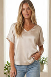 V-Neck Blouse With Bands Sleeve in Crinkle Satin