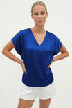 Pleated Cap Sleeve Blouse in Crinkle Satin