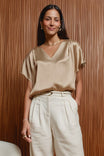 Pleated Cap Sleeve Blouse in Crinkle Satin