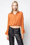 Cropped Button-down Blouse With Elastic Hem