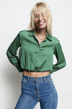Cropped Button-down Blouse With Elastic Hem