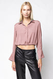 Cropped Button-down Blouse With Elastic Hem