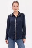 Blanket-stitch Silky Button-up Blouse