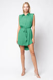 Sleeveless Collared Shirt Dress With Waist Tie