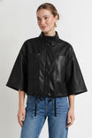 Drawstring Hem Boxy Vegan Leather Jacket