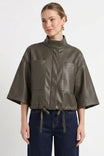 Drawstring Hem Boxy Vegan Leather Jacket