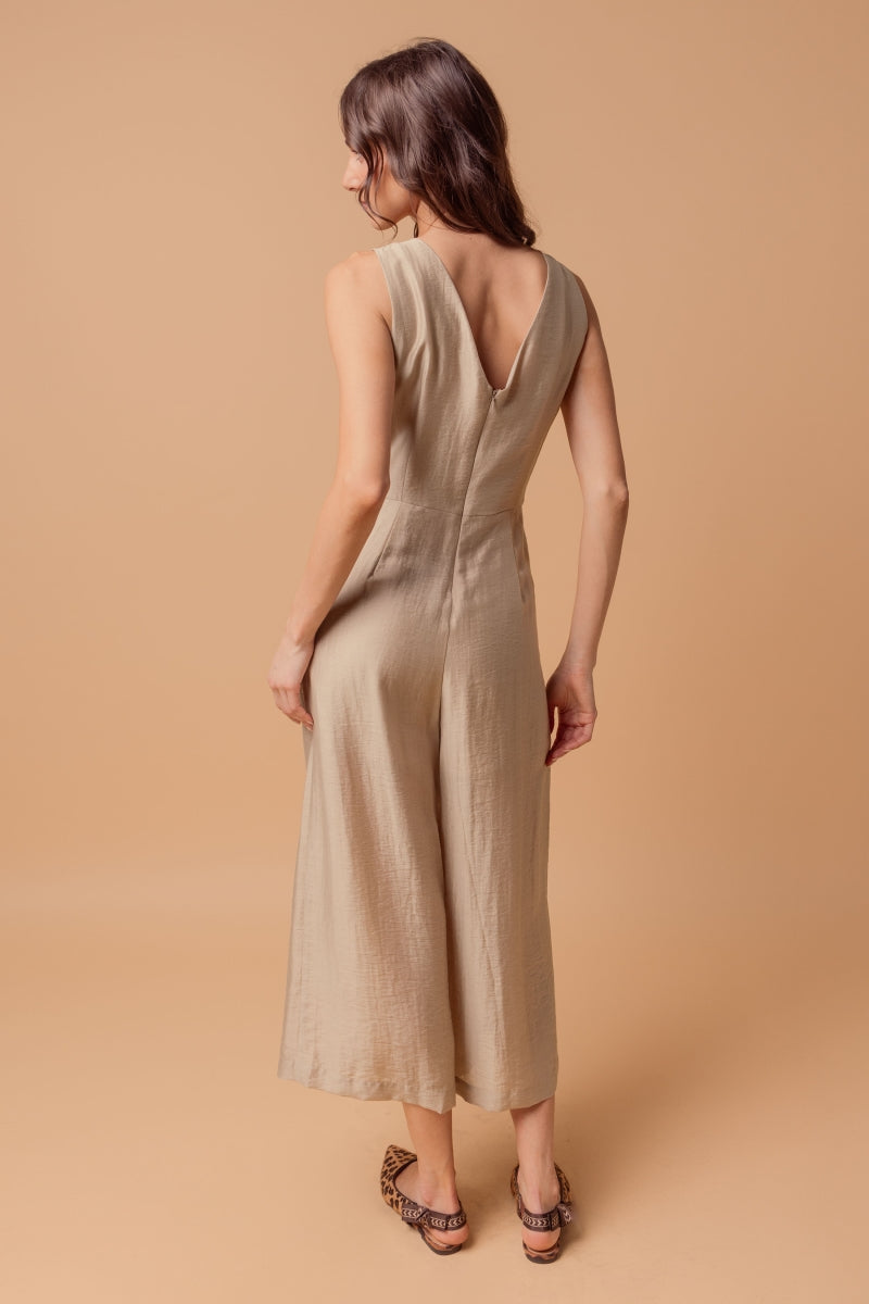 Sleeveless Linen Summer Jumpsuit with Cropped Wide-Leg Pants and Button Detail in Taupe