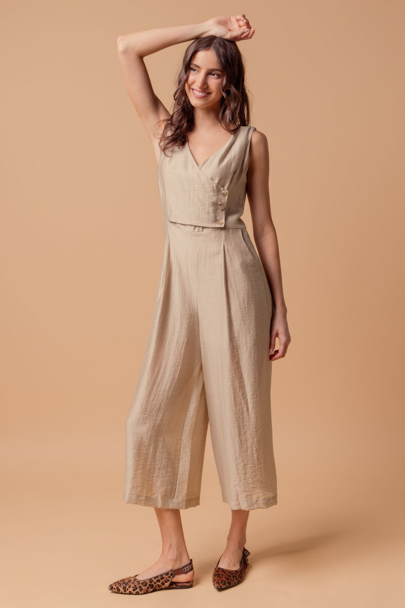 Sleeveless Linen Summer Jumpsuit with Cropped Wide-Leg Pants and Button Detail in Taupe