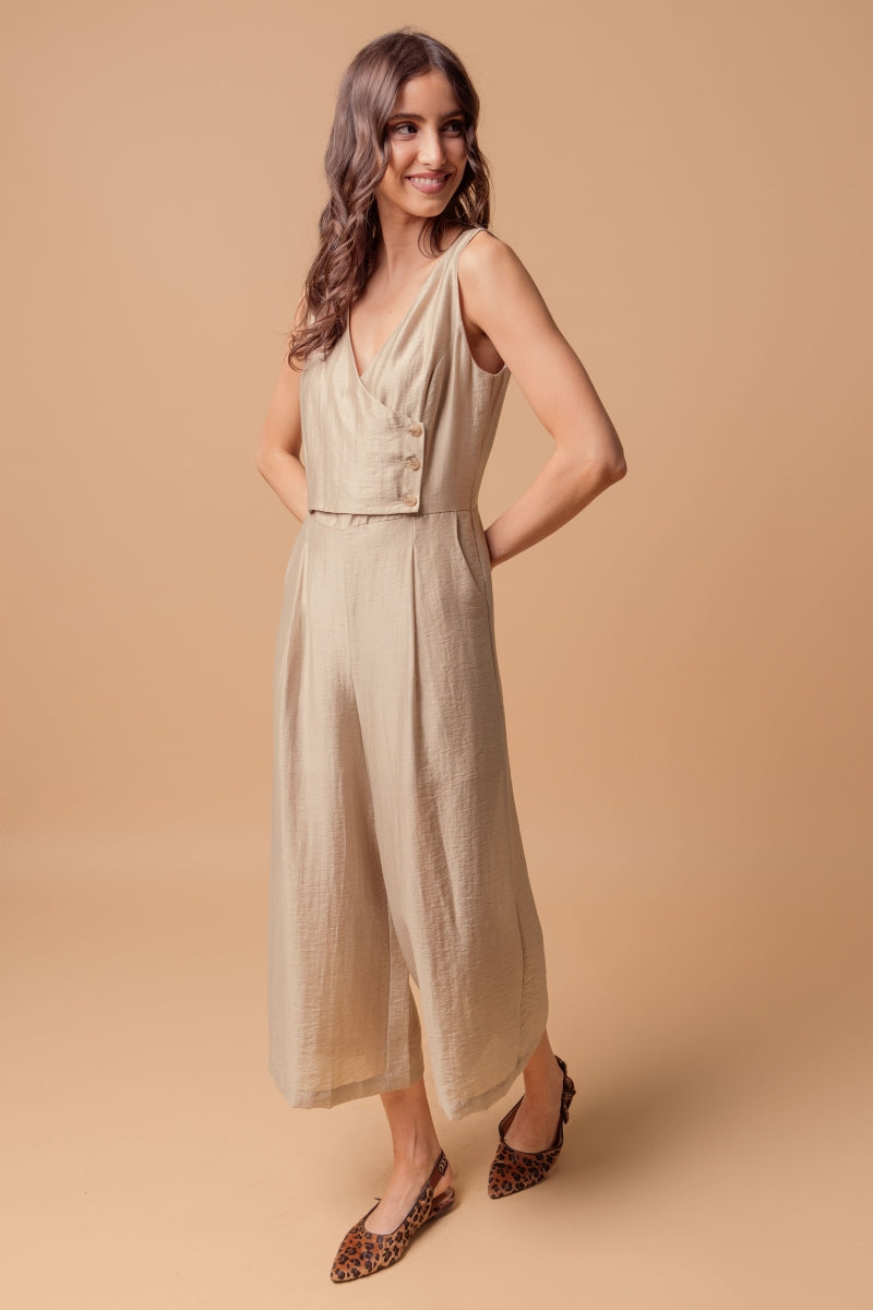 Sleeveless Linen Summer Jumpsuit with Cropped Wide-Leg Pants and Button Detail in Taupe