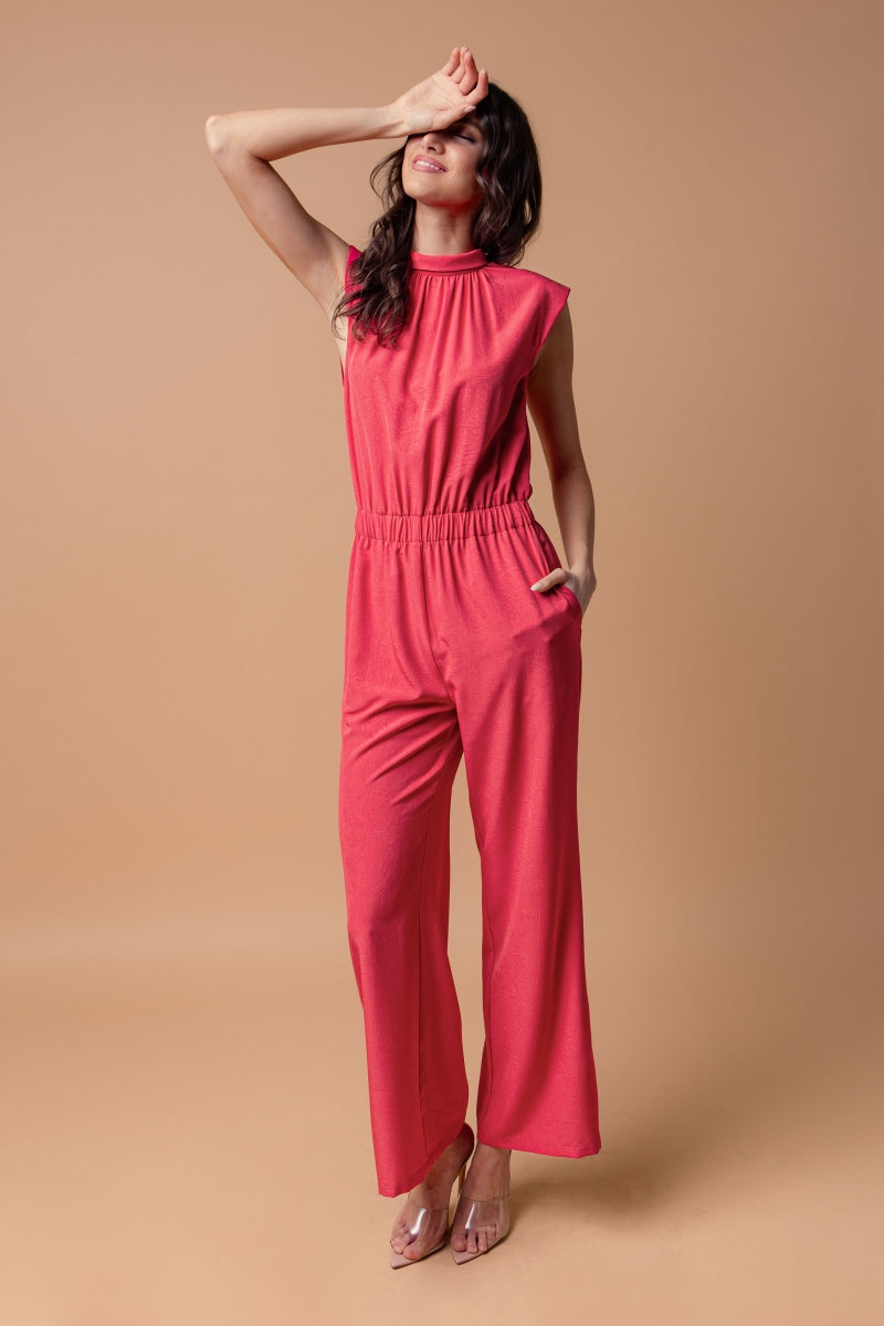 Women's High Neck sleevless Jumpsuit with a marble texture effect.