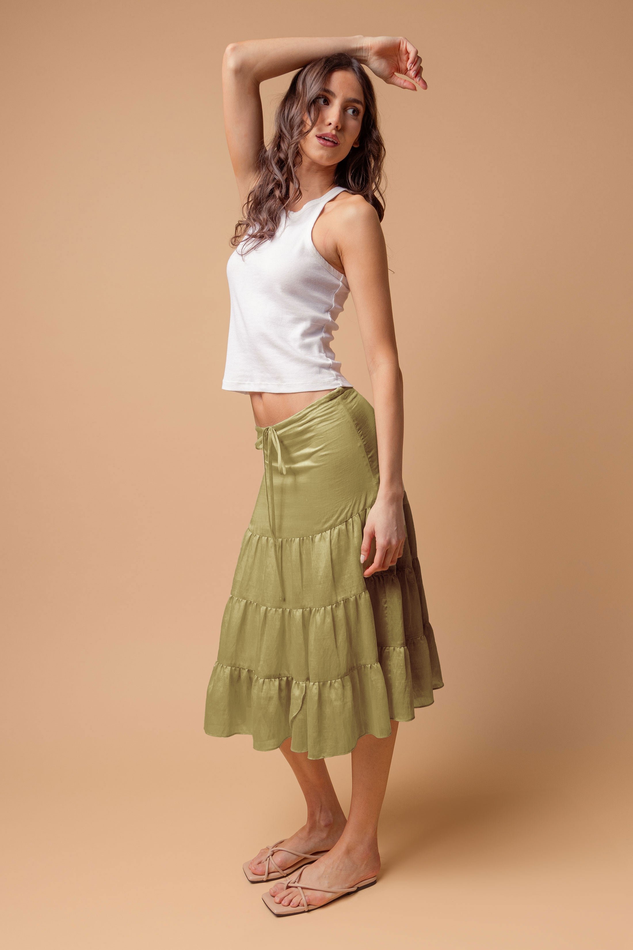 Casual Summer Tiered Linen Ruffle Midi Skirt with Drawstring Waist in Light Olive – A Boho Essential.