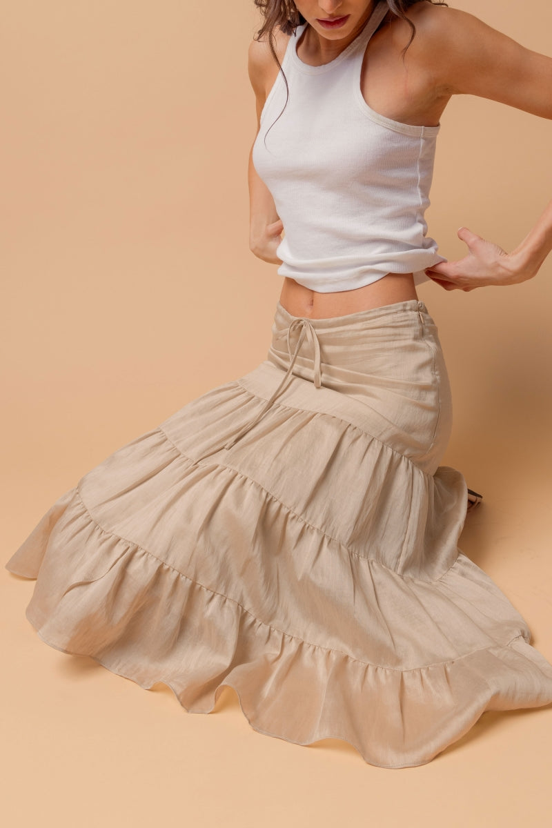 Casual Summer Tiered Linen Ruffle Midi Skirt with Drawstring Waist in Taupe – A Boho Essential