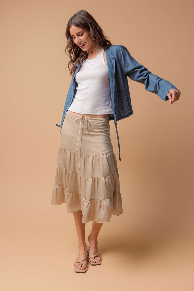 Casual Summer Tiered Linen Ruffle Midi Skirt with Drawstring Waist in Taupe – A Boho Essential