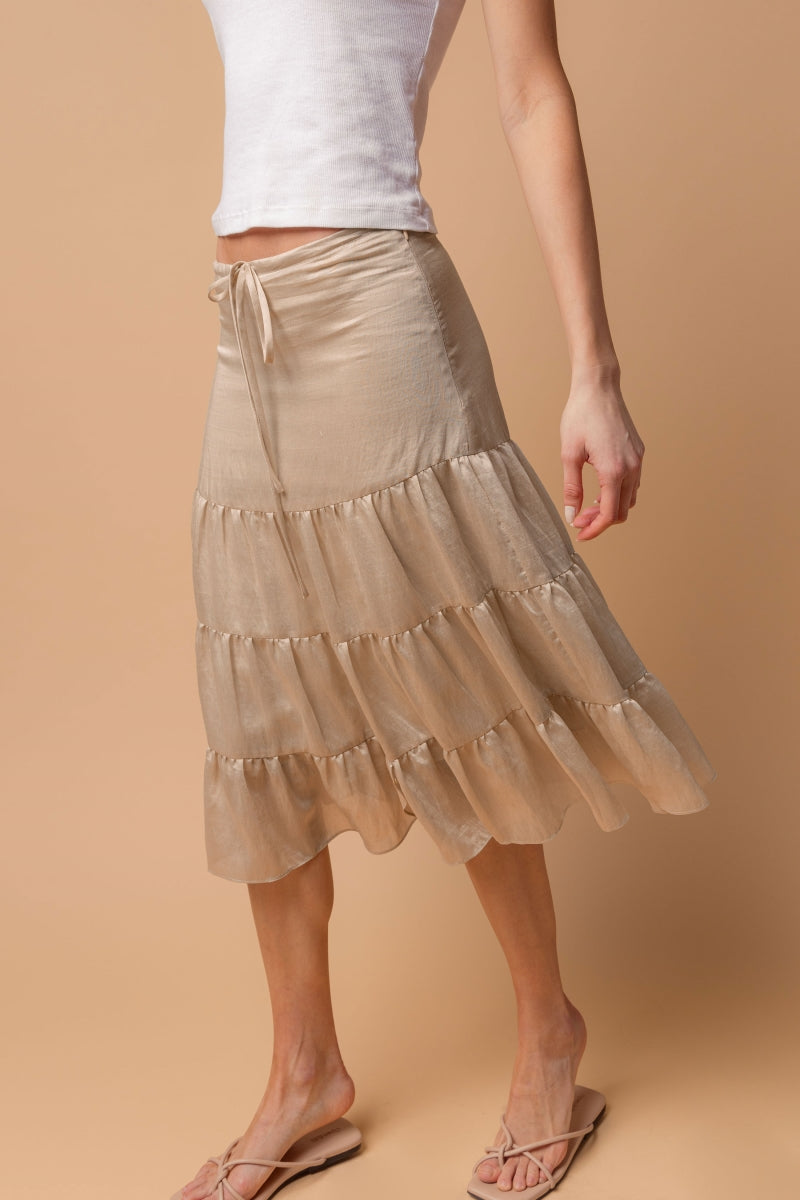 Casual Summer Tiered Linen Ruffle Midi Skirt with Drawstring Waist in Taupe – A Boho Essential