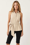 Sleeveless Collared Waist Tie Top