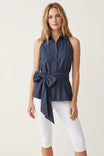 Sleeveless Collared Waist Tie Top