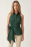 Sleeveless Collared Waist Tie Top