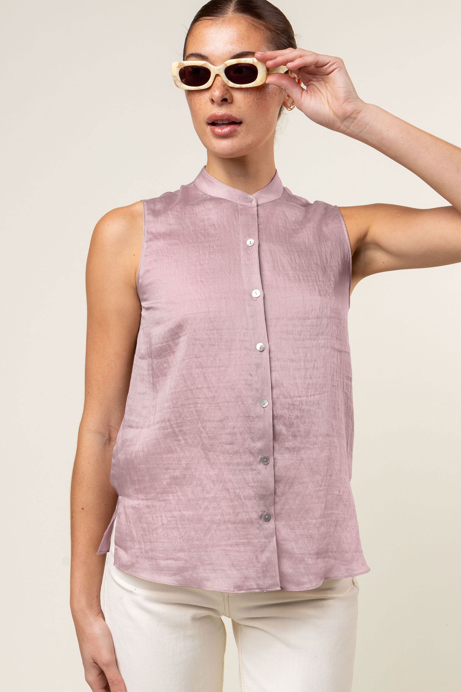 【I AM MARI】Vet Collar Shirt Sleeveless One Piece (BeltSet) Organic Cotton Sleeveless Banded Collar Shirt/Vest | Dress