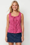 Sleeveless Ruffle Trim Button Top