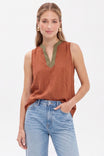 Contrast Trim Split Neck Sleeveless Top
