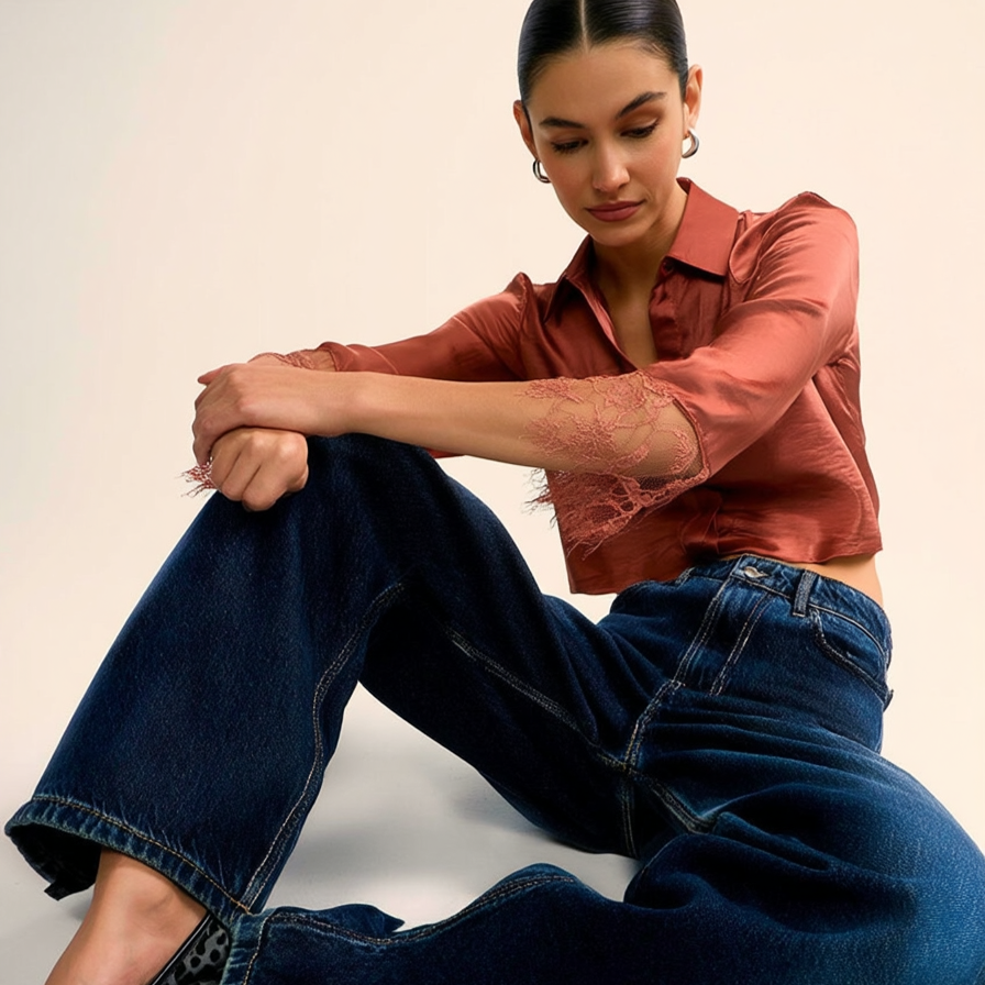 Woman wearing a rust-colored shirt and blue jeans sitting on a white surface.